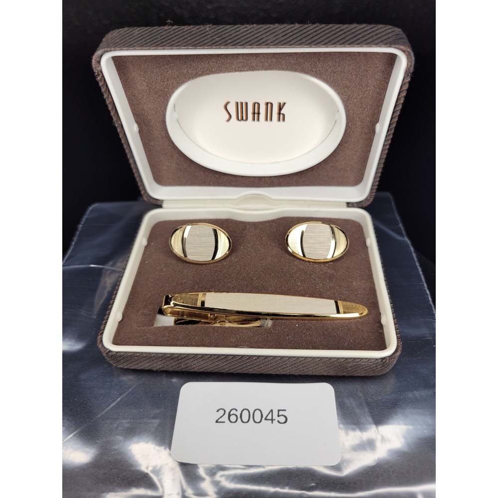 Swank Cufflink Tie Clip Set Gold Silver Two Tone Brushed Metal Oval Boxed